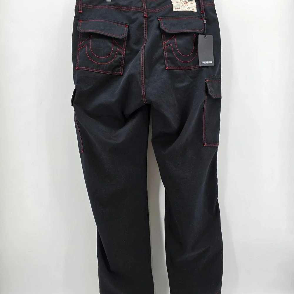 True Religion Cargo‎ Pants Mens Contrast Stitch Jet Black Red 108335 Size 34 NWT